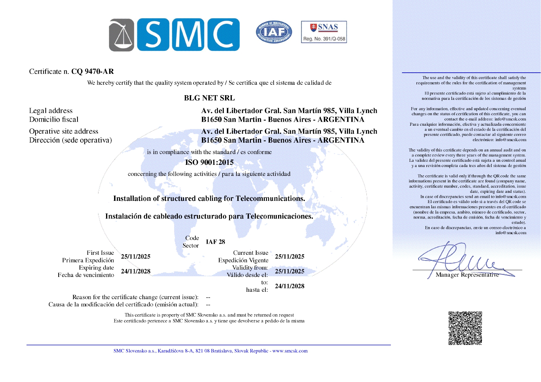 Certificado del Sistema de Gestión de Calidad ISO 9001:2015 de BLGNet SRL